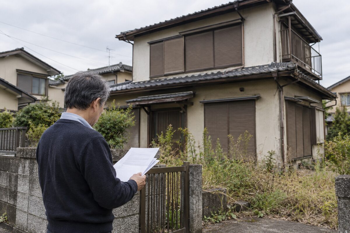 人が住まなくなり雨戸を閉めたままの空き家と、火災保険の契約内容を確認する所有者